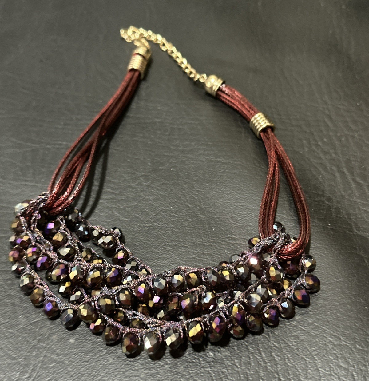 Faceted Purple Beaded Statement Necklace Burgundy Cord Gold Tone 18” Adjustable