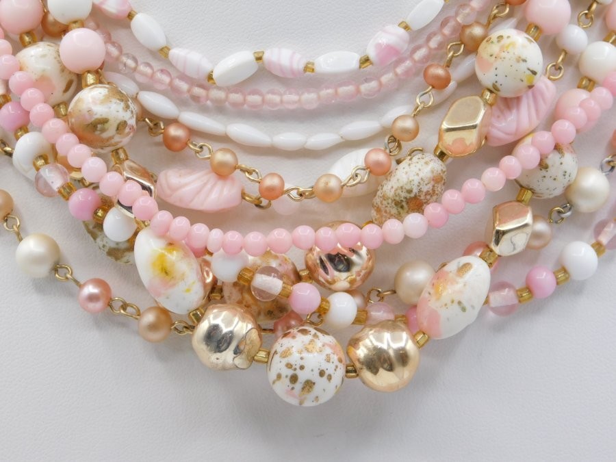 A808-VINTAGE NECKLACE~BEADED/MULTI STRAND~BOHO/CHIC~GLASS/METAL~14″-16″
