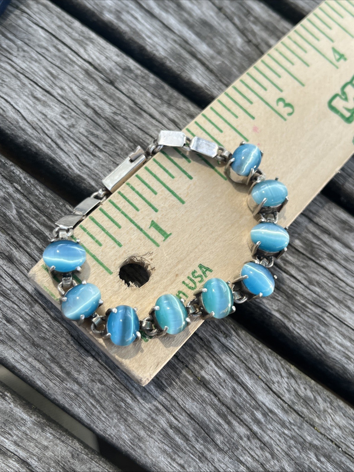 Vintage Blue Cats Eye Gem Stones Silver Bracelet Small