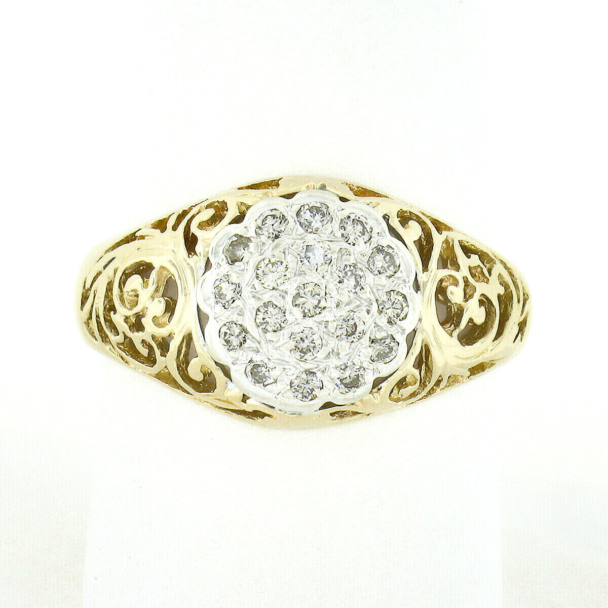 Vintage 14k TT Gold .35ct Round Pave Diamond Cluster Open Scroll Work Domed Ring