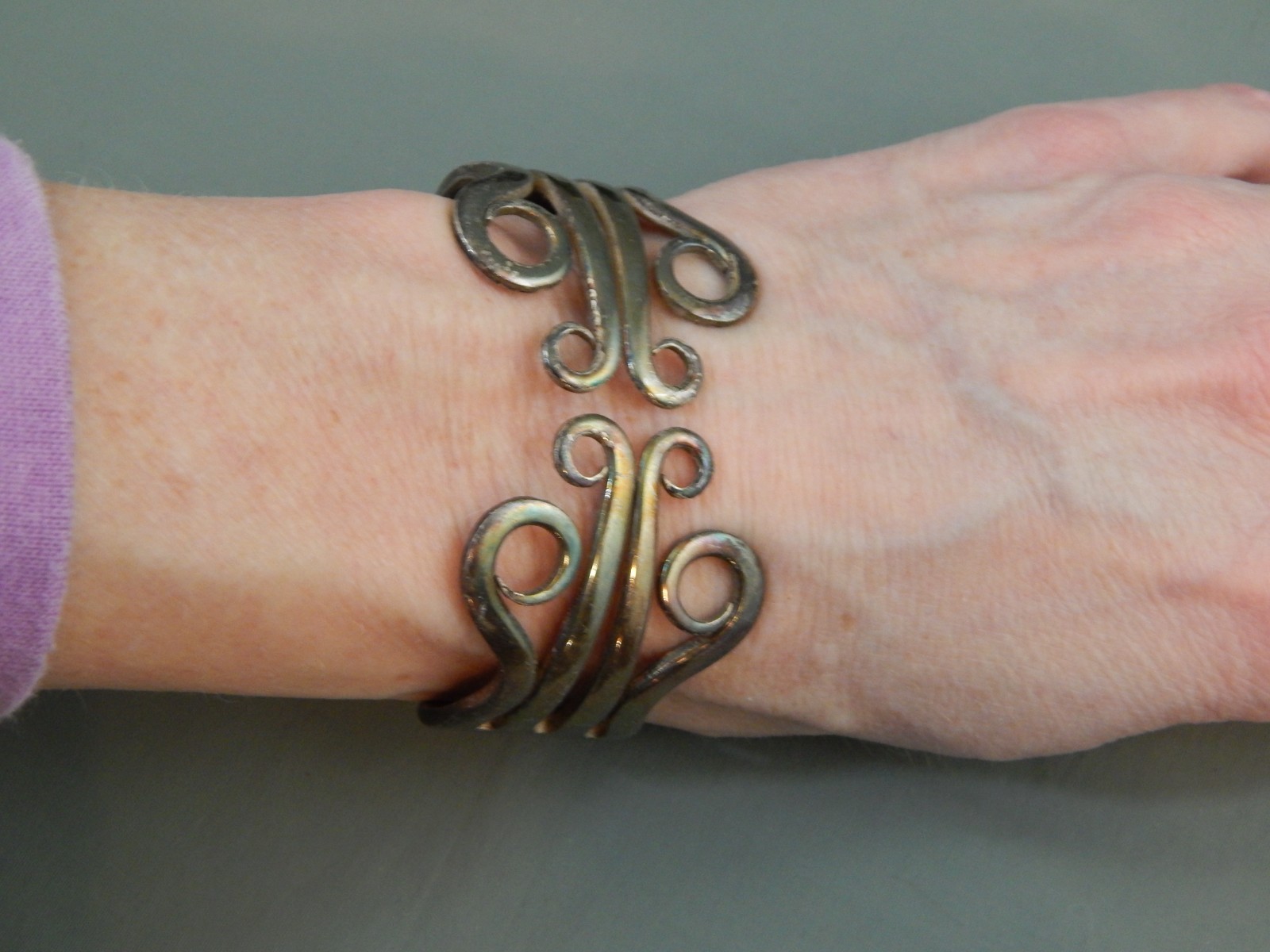 Vintage Hand Crafted Silver Plate Folk Art Double Fork Clamper Cuff Bracelet