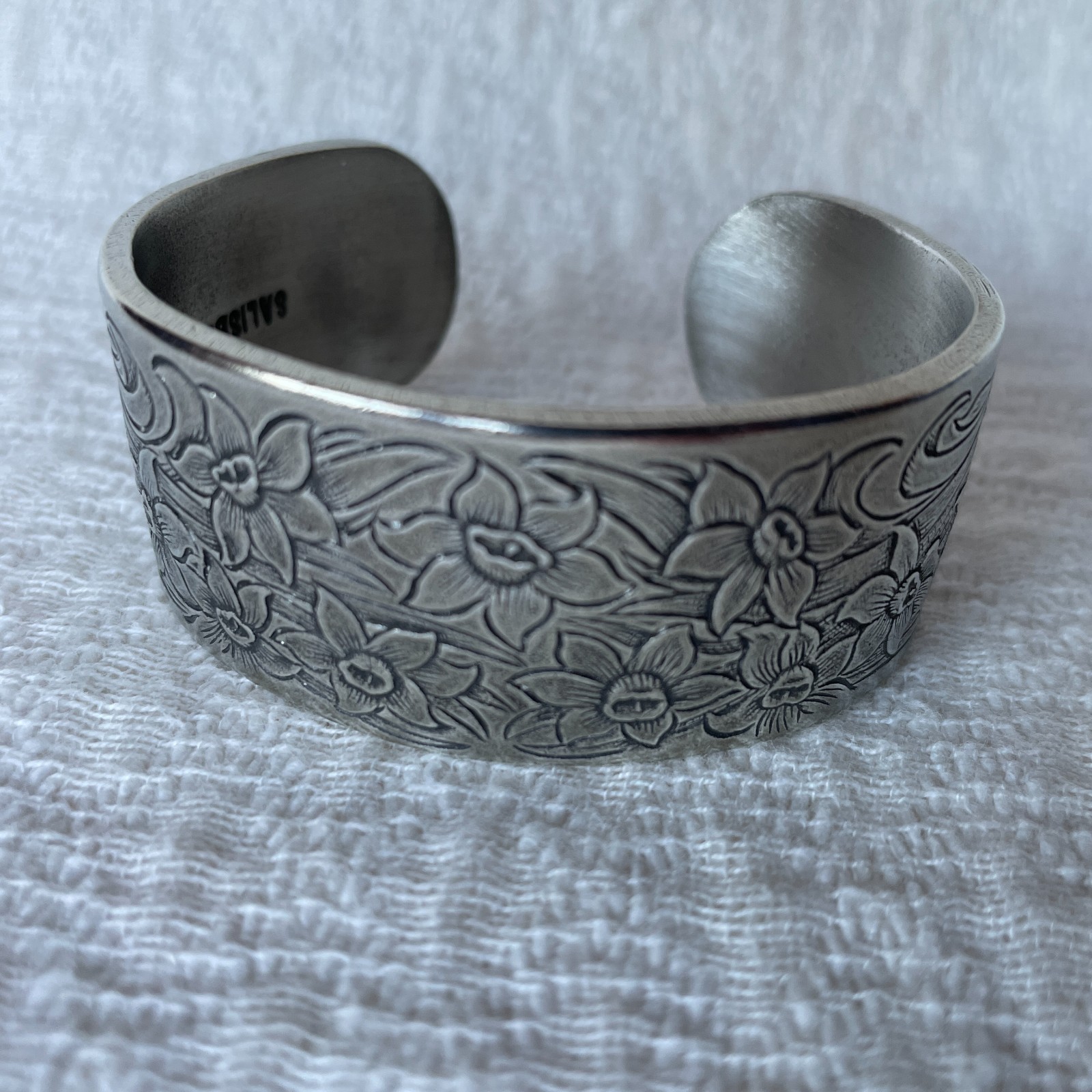 Vintage Salisbury Pewter March Flower Wide Cuff Bracelet, Adjustable, Never Worn