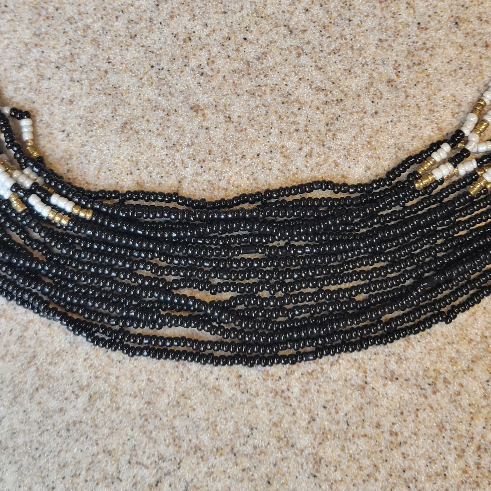 Vintage 16 Strand Black White Gold Seed Beads 22in Beaded Necklace 3in Extender