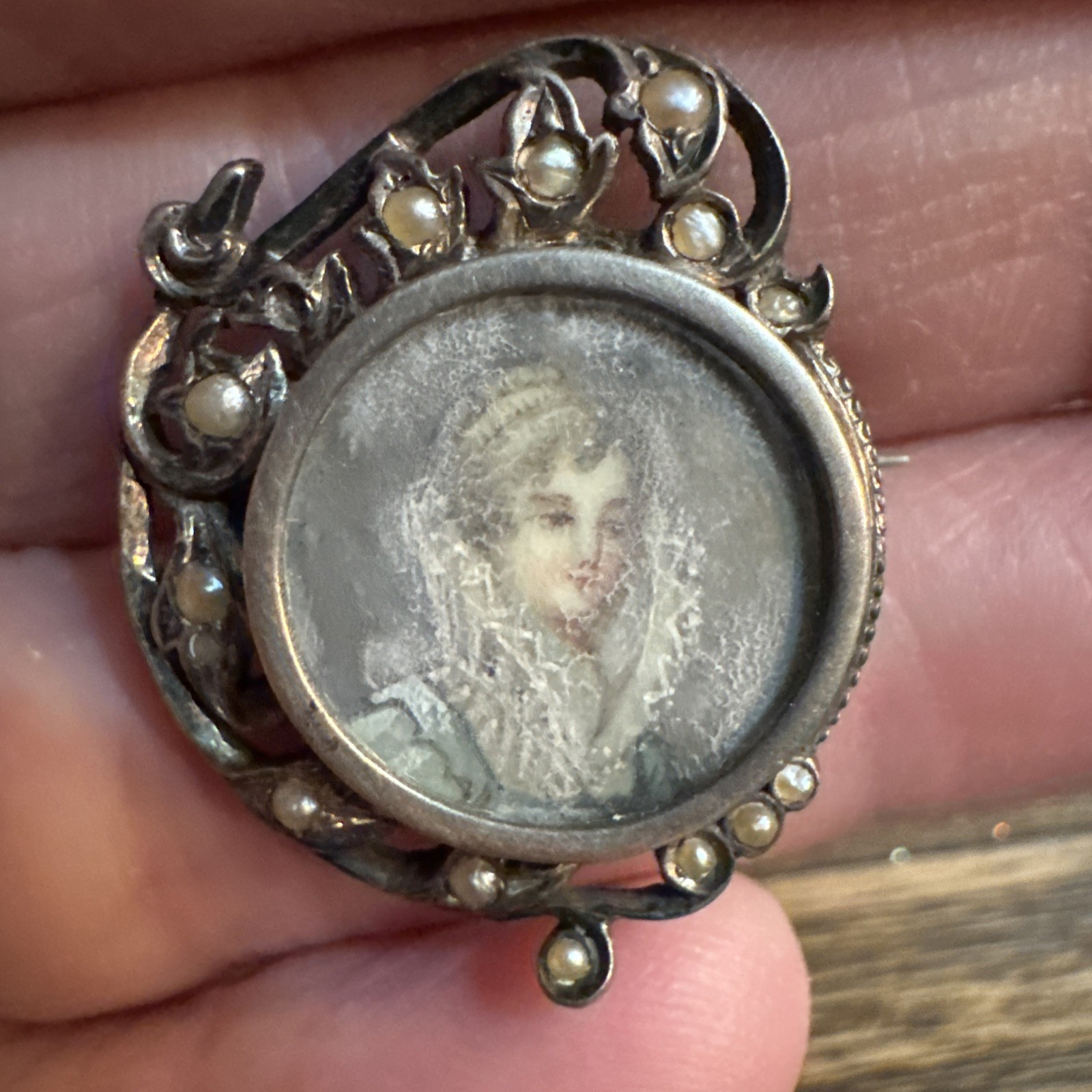Antique Miniature Hand Painted Lady Rococo Portrait Brooch Seed Pearls READ