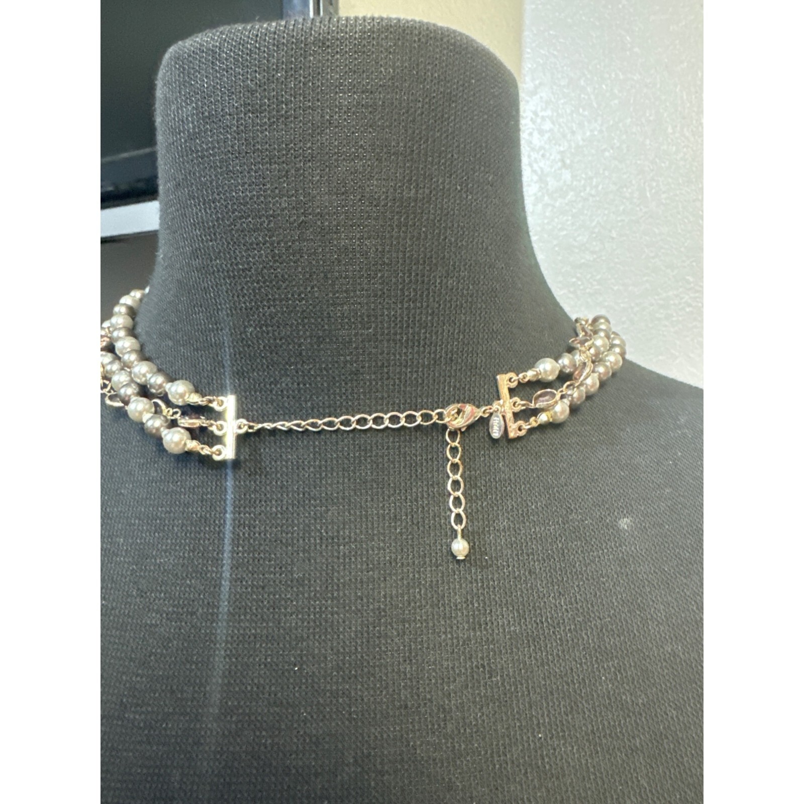 Roman And Sunstone Triple Strand Gray Pearl and Rhinestone Necklace 18 inch