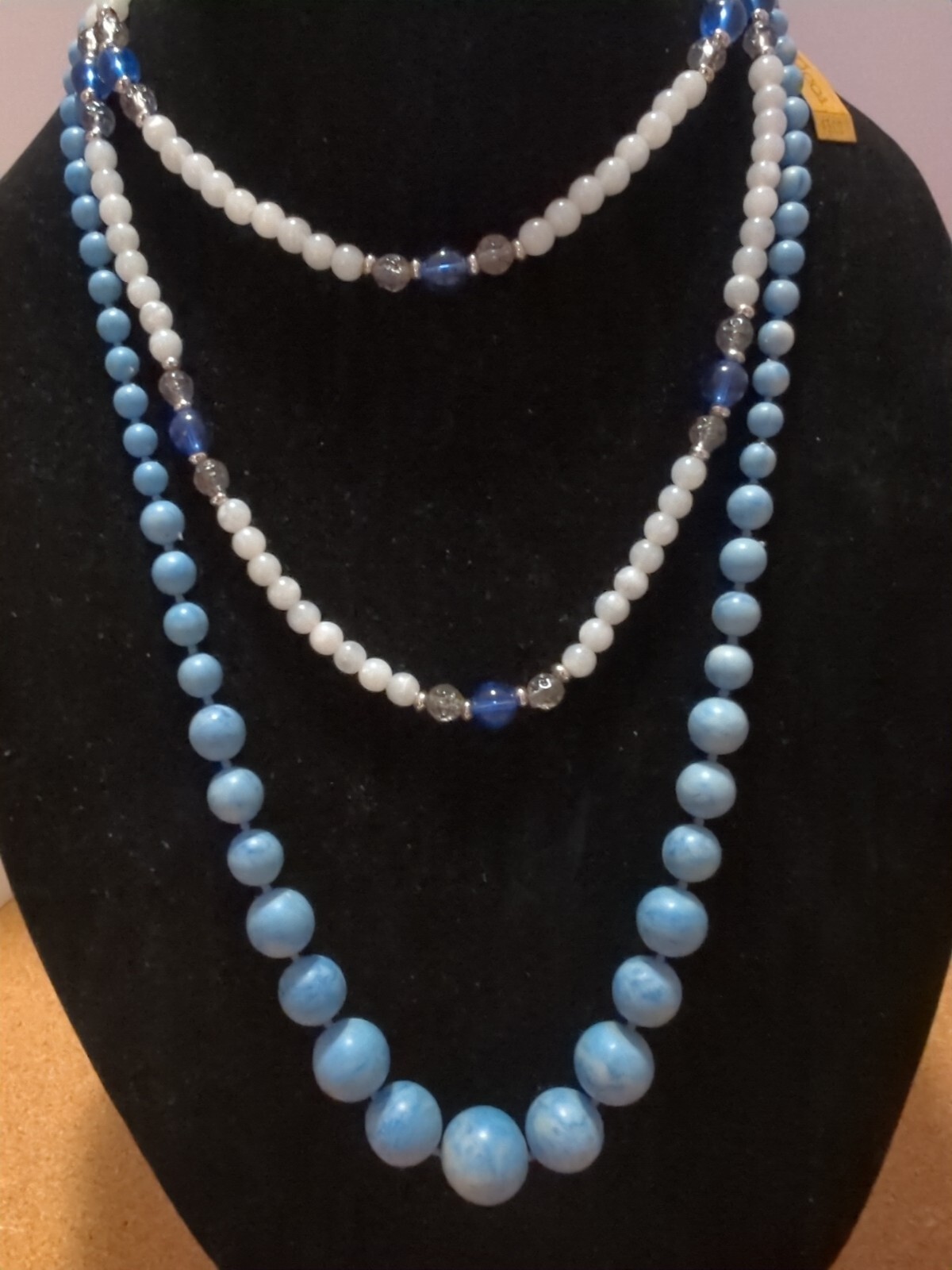 2 Vintage Beaded Necklaces Tacoa NWT Graduated Blue & Monet Plastic White & Blue