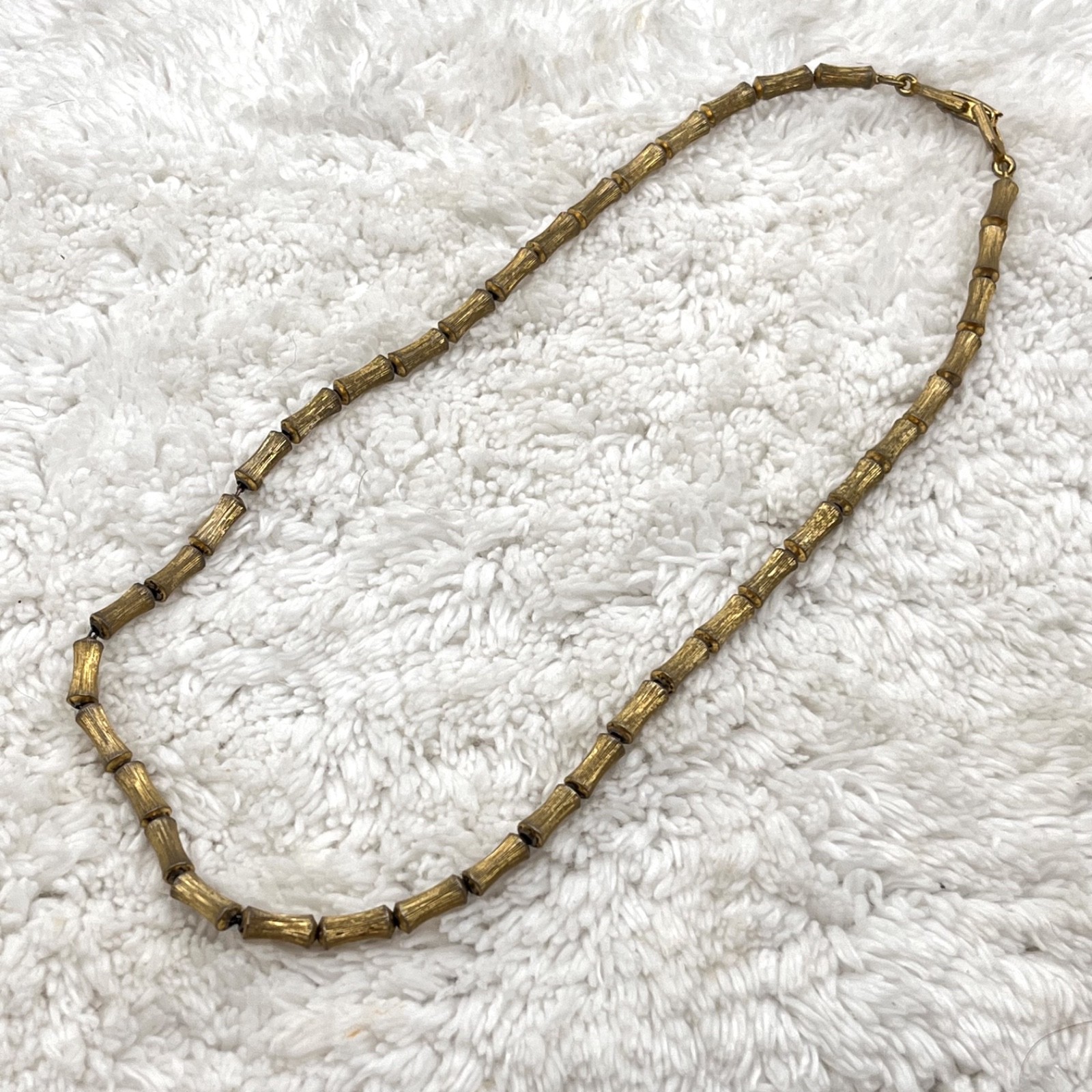 Vintage Bamboo Link Necklace Antiqued Textured Gold Tone 15.5″