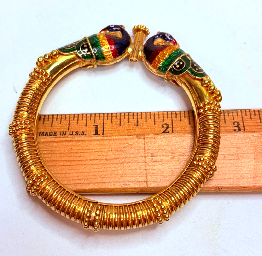 Antique 22k Yellow Gold Red Green Enamel Peacock Bangle Bracelet