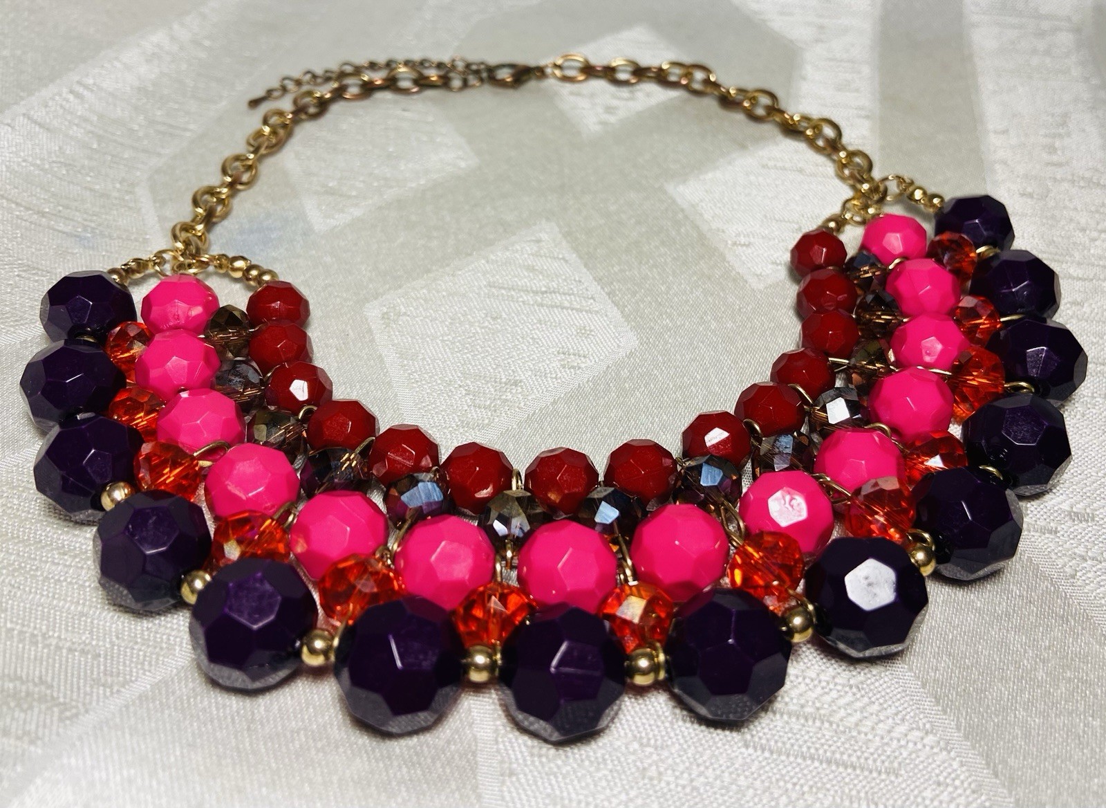Vintage Chunky Beaded Statement Bib Necklace Pink Red Purple Red Gold Tone 18”