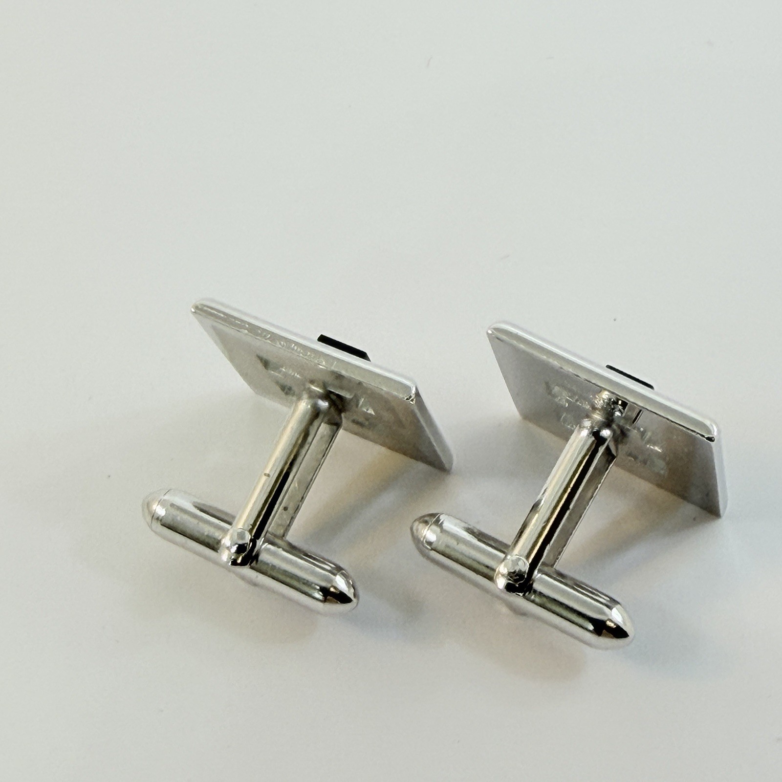 Swank Tie Clip and Cuff Links Set Brushed Silver Tone Onyx Stone