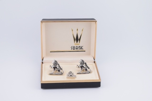 Vintage Swank Figural Griffin Cufflinks Rhinestones Silver Tie Tack Box