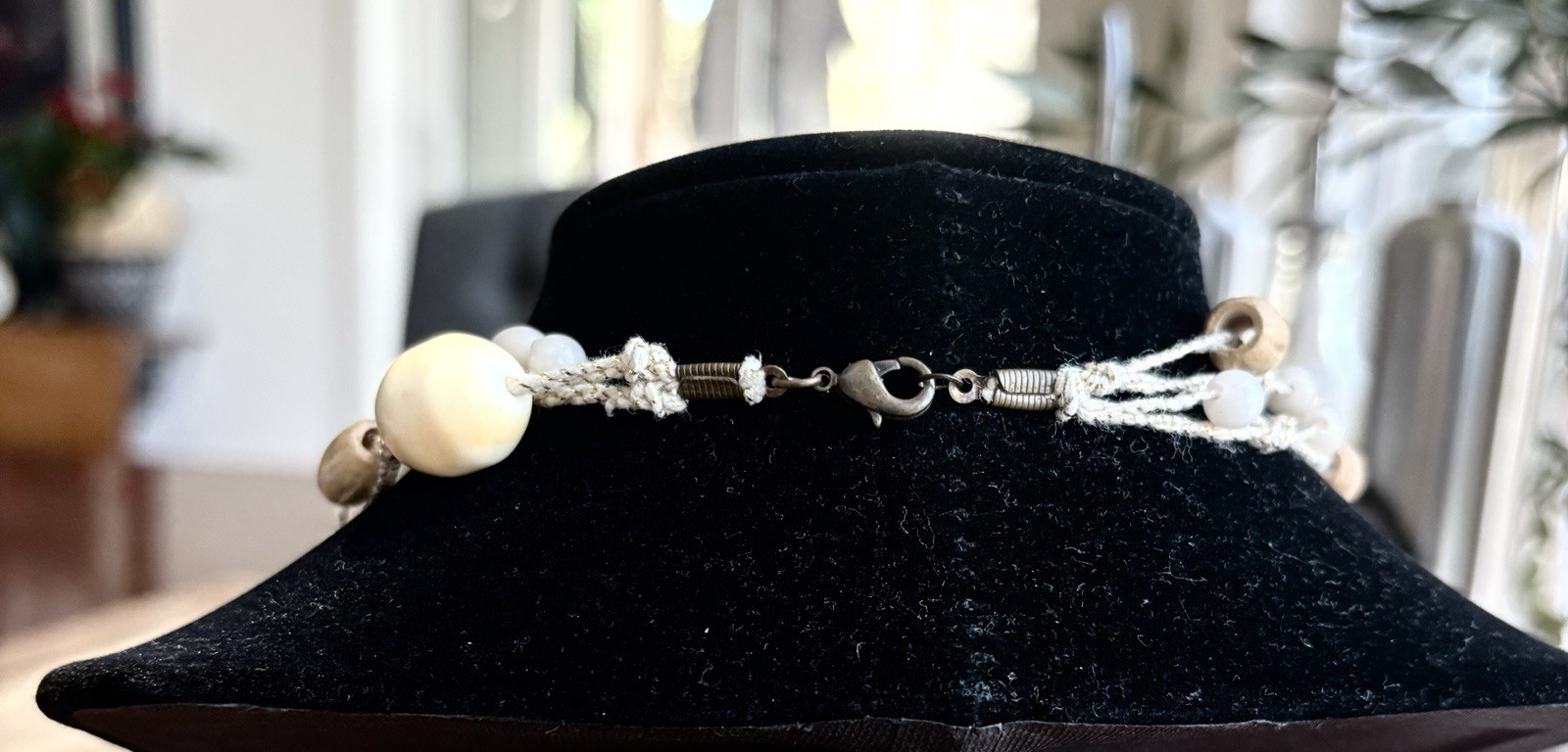Vintage 90s Multi Strand Wood Bead Necklace Woven Cord Boho Bone Layered Choker