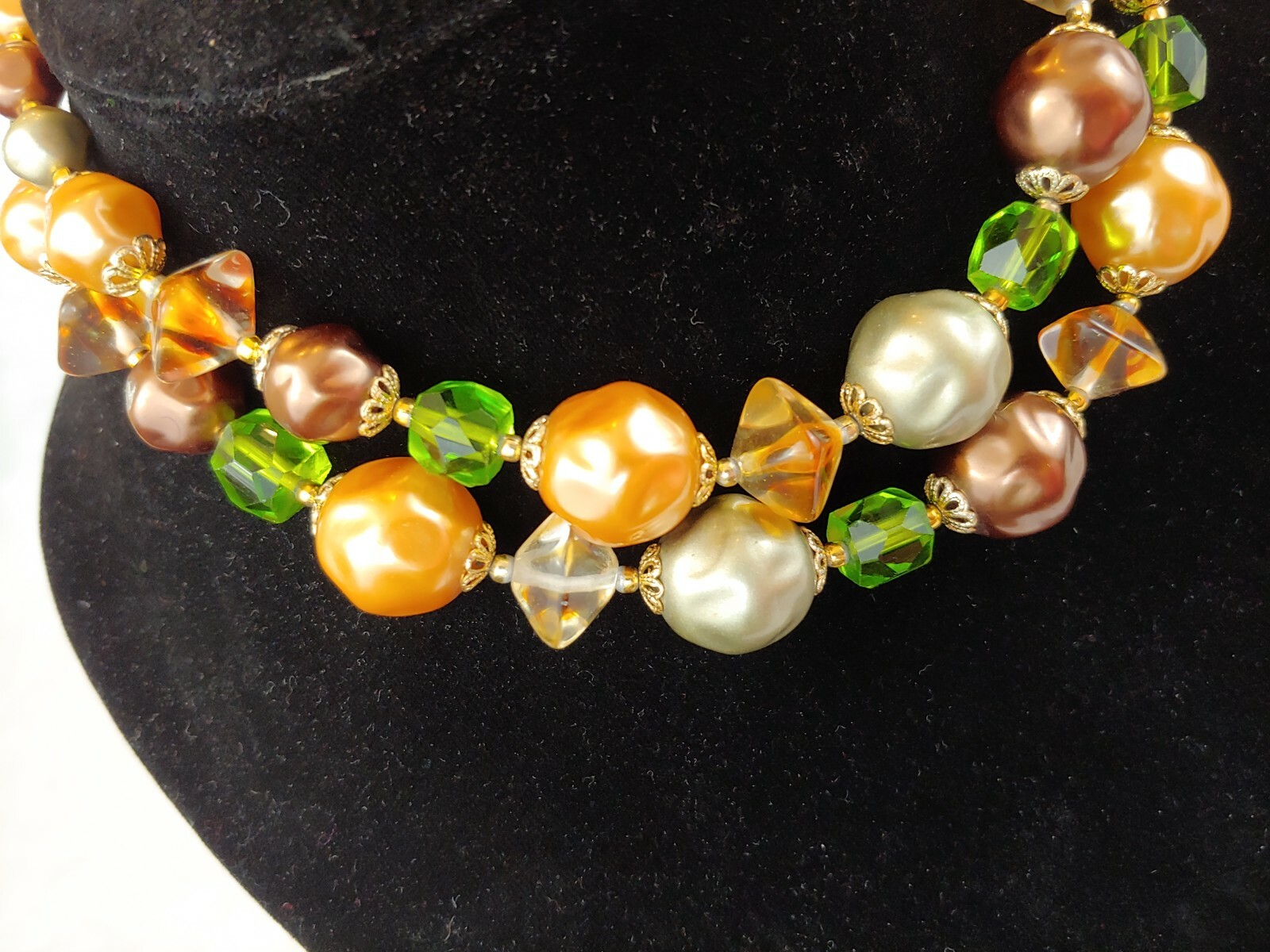 Vintage MCM 1950s Peach Gold Green Brown Bead Costume 2 Strand Necklace VGUC!