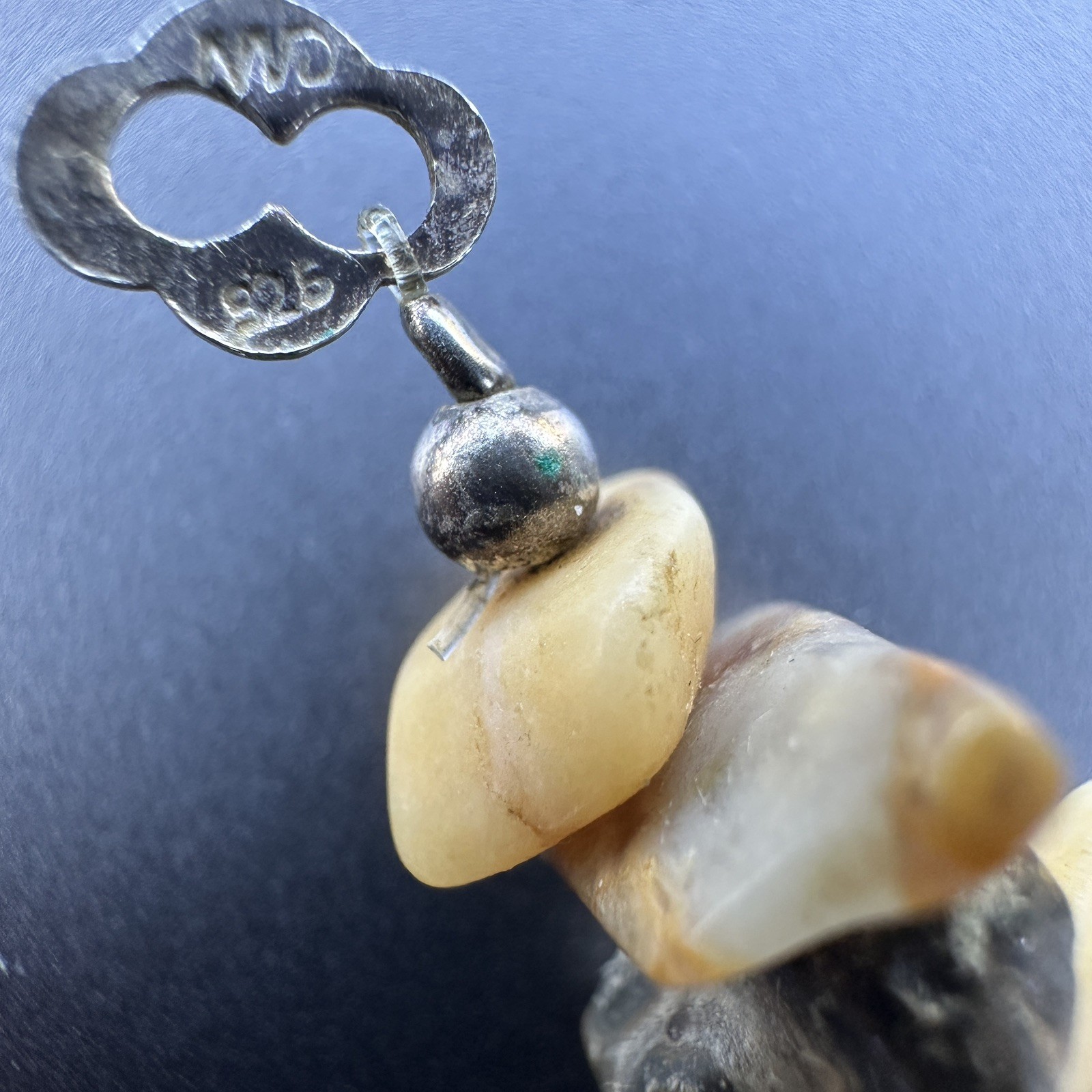 Vintage CW Sterling Silver Stone Bead Necklace Yellow Gray 16″