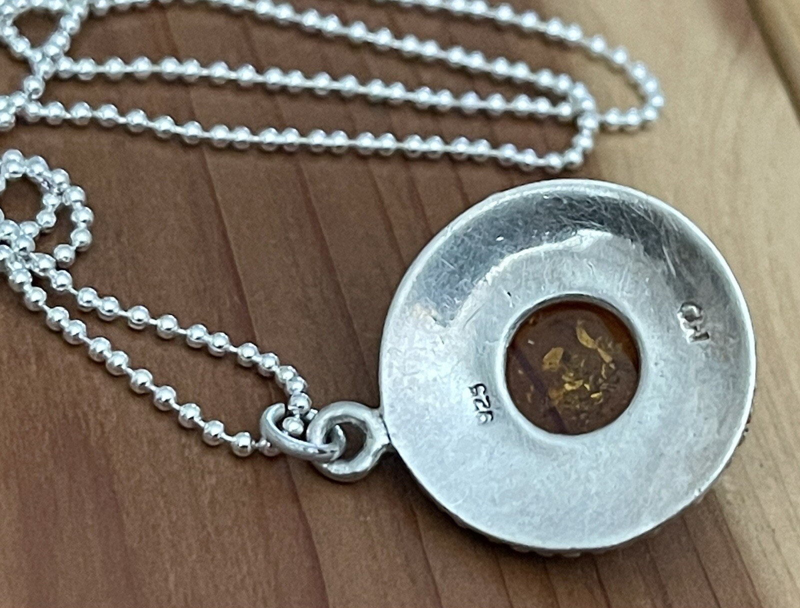 Vintage 925 Sterling Bali Beads, Honey Amber Round Pendant Necklace 16”-17.5” in