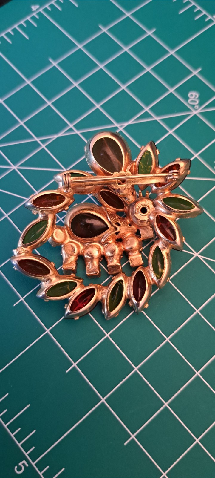 Vintage Designer? Topaz Orange Green Gold Glass Rhinestone Statement Brooch