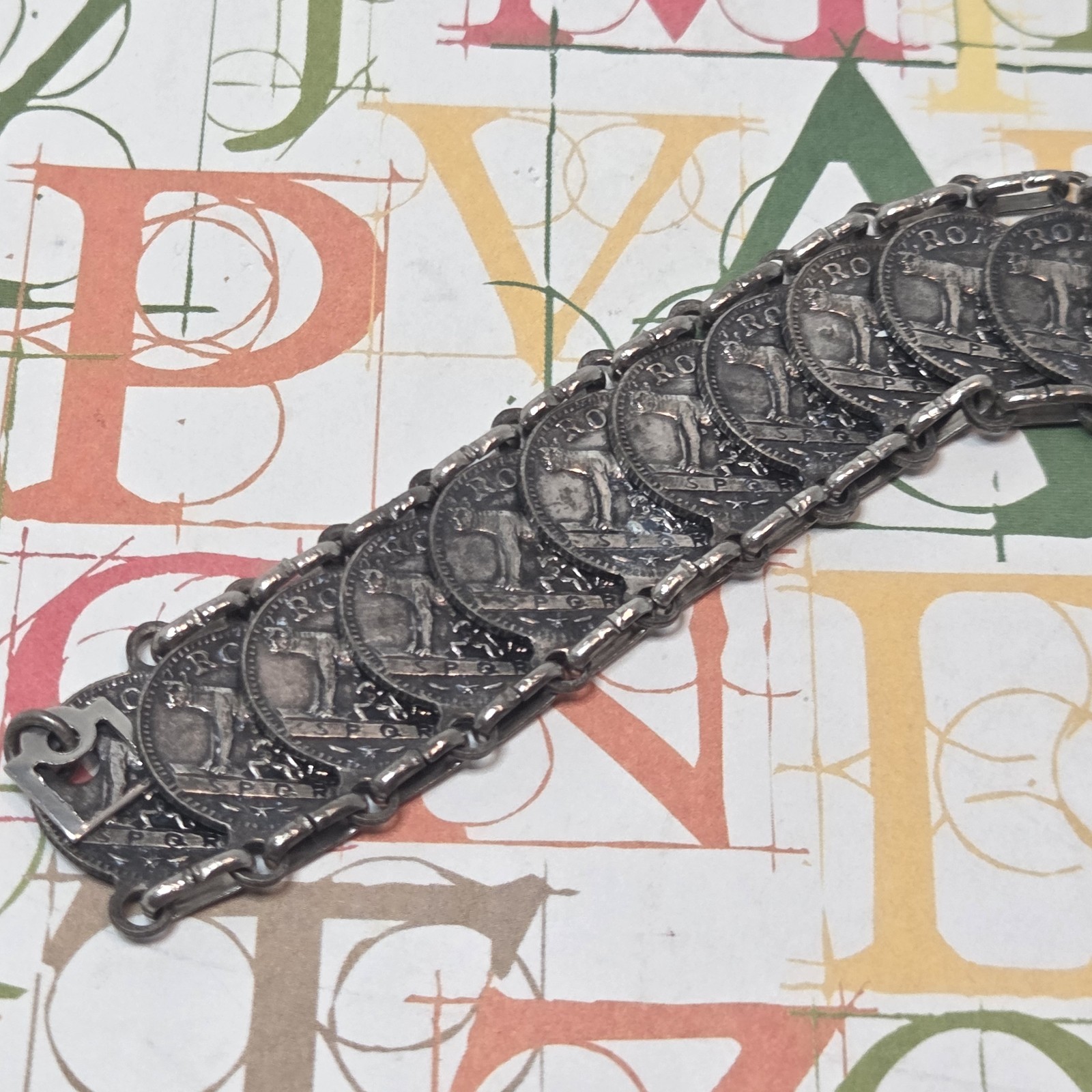 Vtg Roma Italian Coin Souvenir Bracelet Mid Century RomulusRemus St Peters Italy