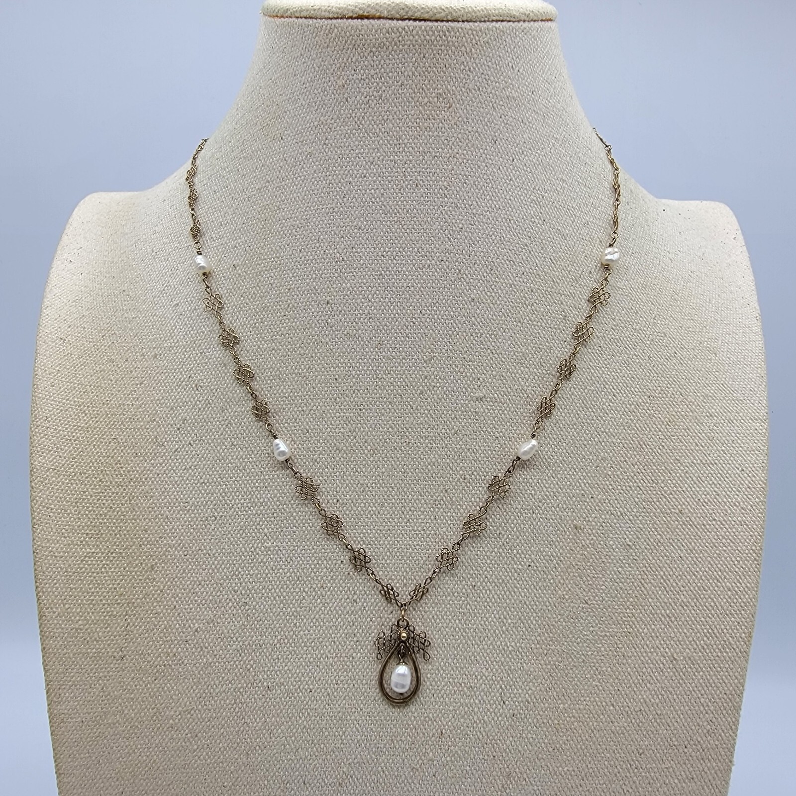 Vintage Baroque Pearls Filigree Necklace Gold Over Sterling Silver 18″