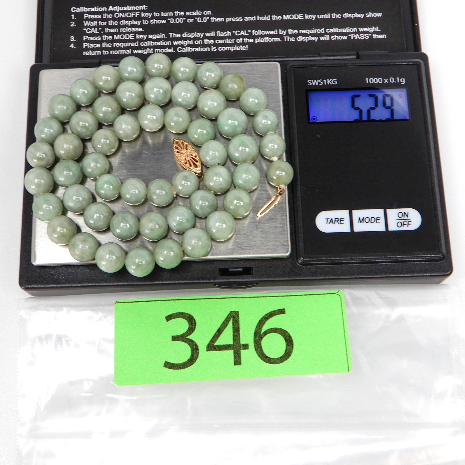 Green Jade Jadeite 8mm Bead Necklace 17” 14K Filigree Clasp 52.9g