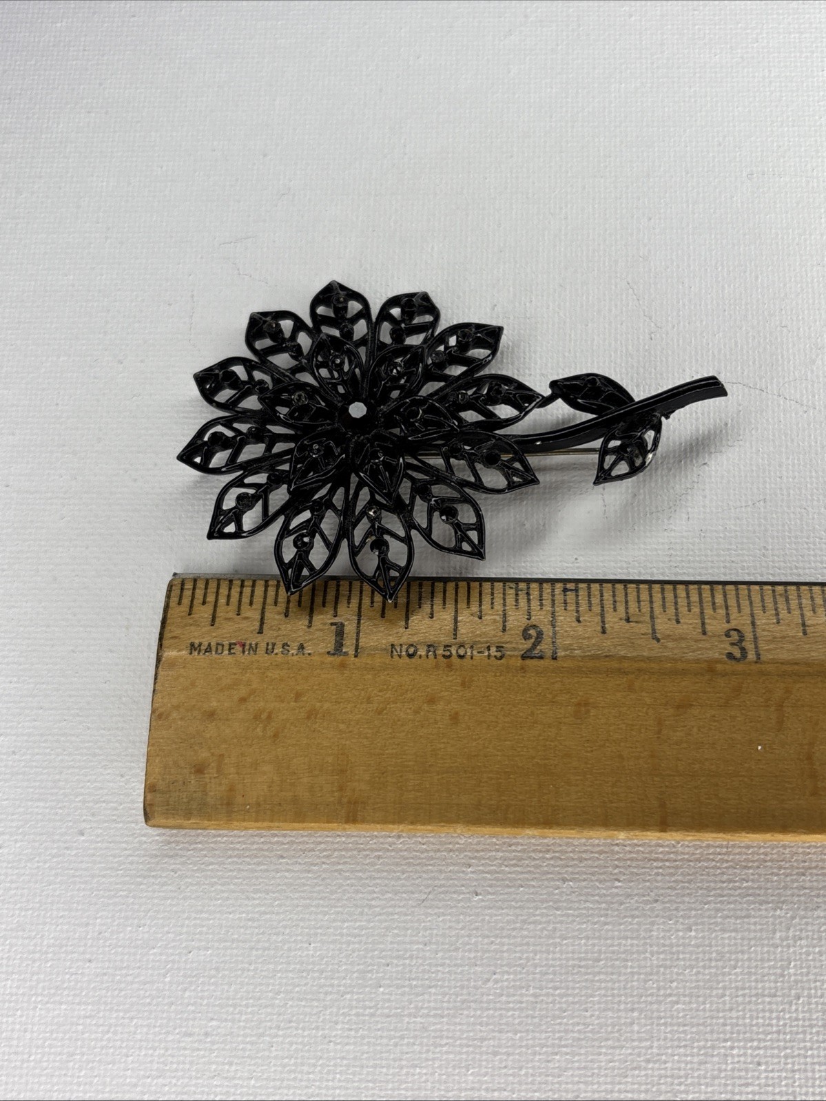 VTG Costume Jewelry Black Enamel Filigree Flower Brooch Pin Black Rhinestone 3”