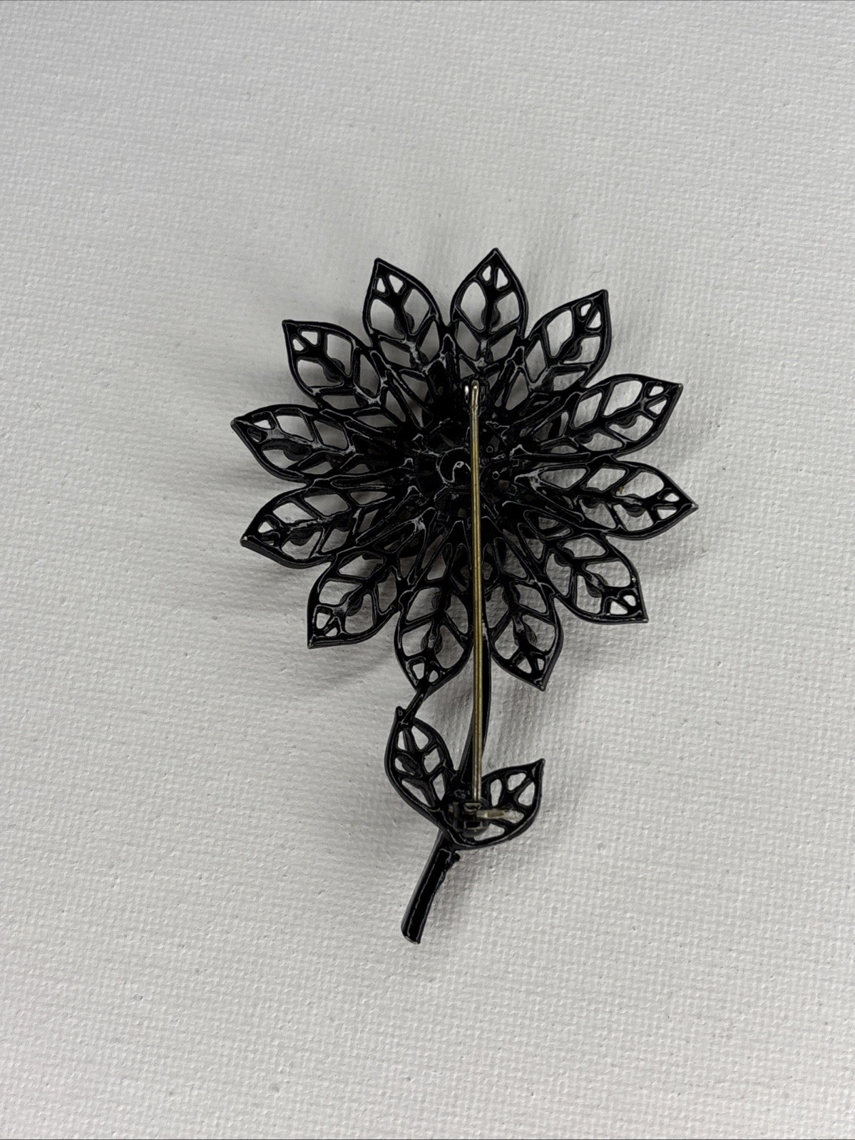 VTG Costume Jewelry Black Enamel Filigree Flower Brooch Pin Black Rhinestone 3”