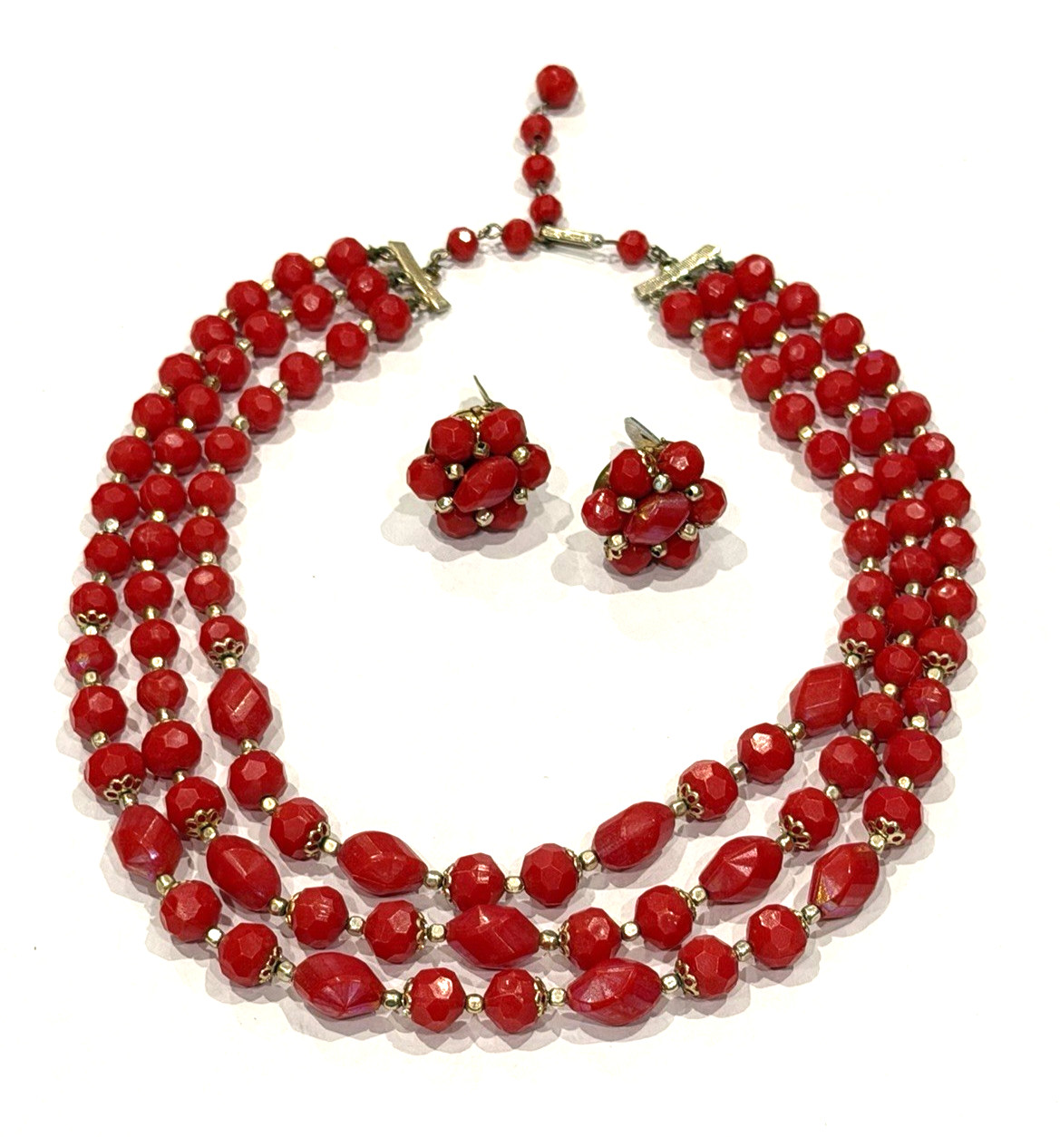 HONG KONG RED LUCITE GOLD BEADS 3 STRAND NECKLACE CLUSTER CLIP EARRINGS SET MCM