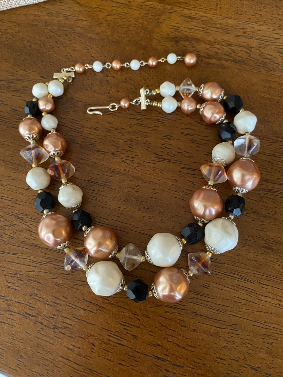 Vintage Japan 2 Strand Necklace Glass & Pearls Black White Brown