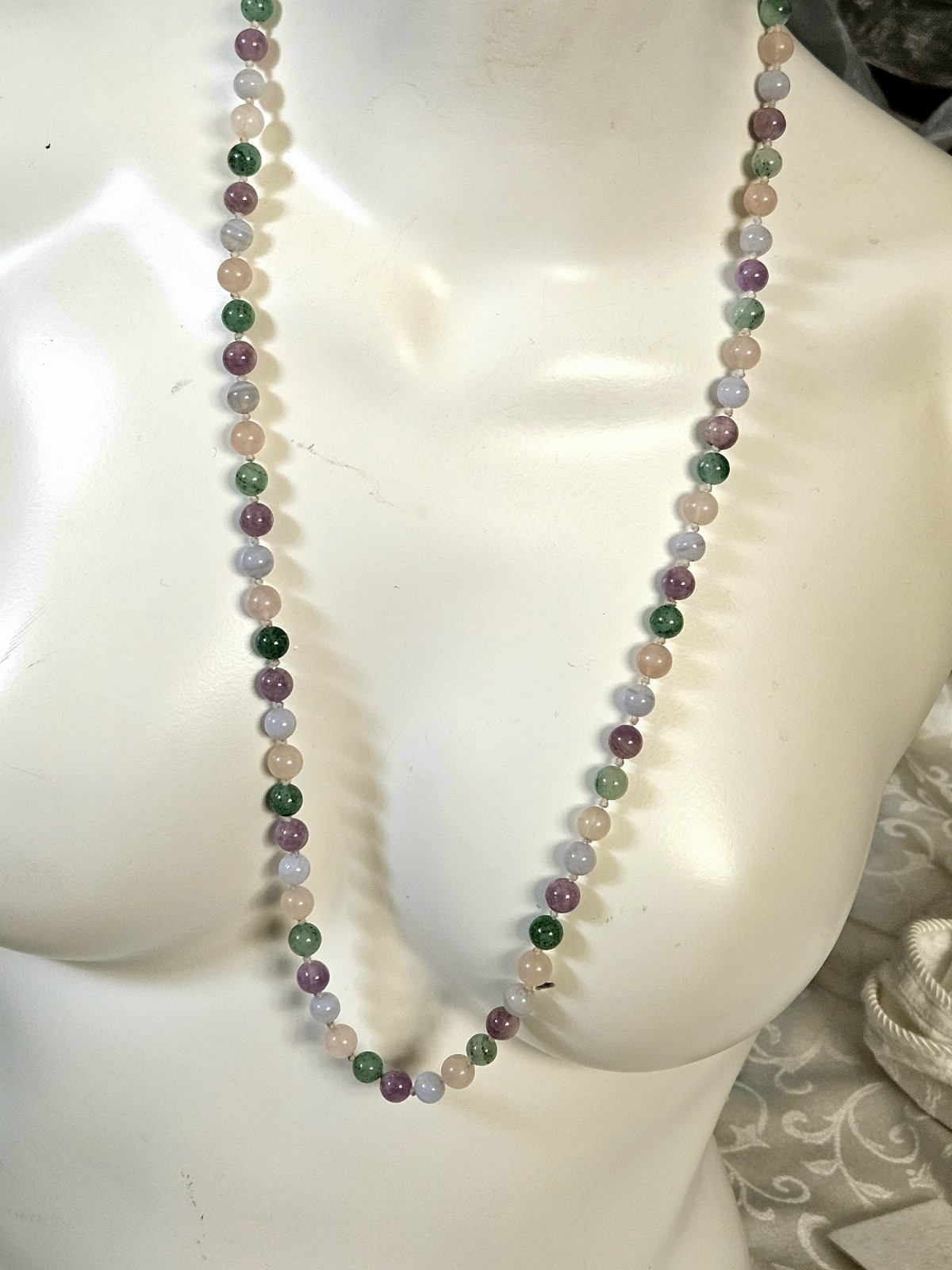 Vtg Multi Color Pastel Round Beaded Necklace Bracelet Set Jade Agate Quartz
