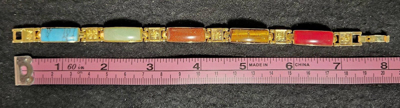 Vintage Chinese Jade Turquoise Tigers Eye Gold Tone Magnetic Link Bracelet 7.5″