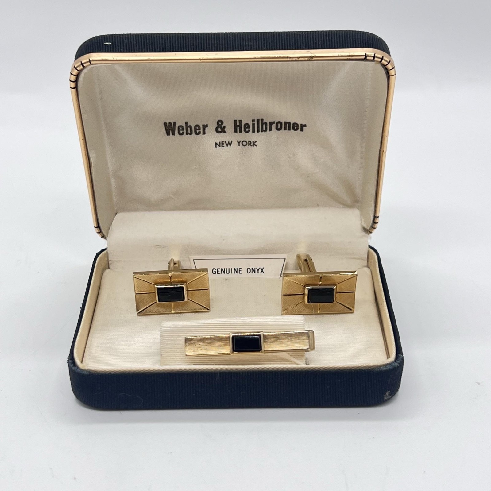 Vintage Swank Genuine Onyx Gold Tone Cufflinks Tie Clip Weber Heilbroner Box