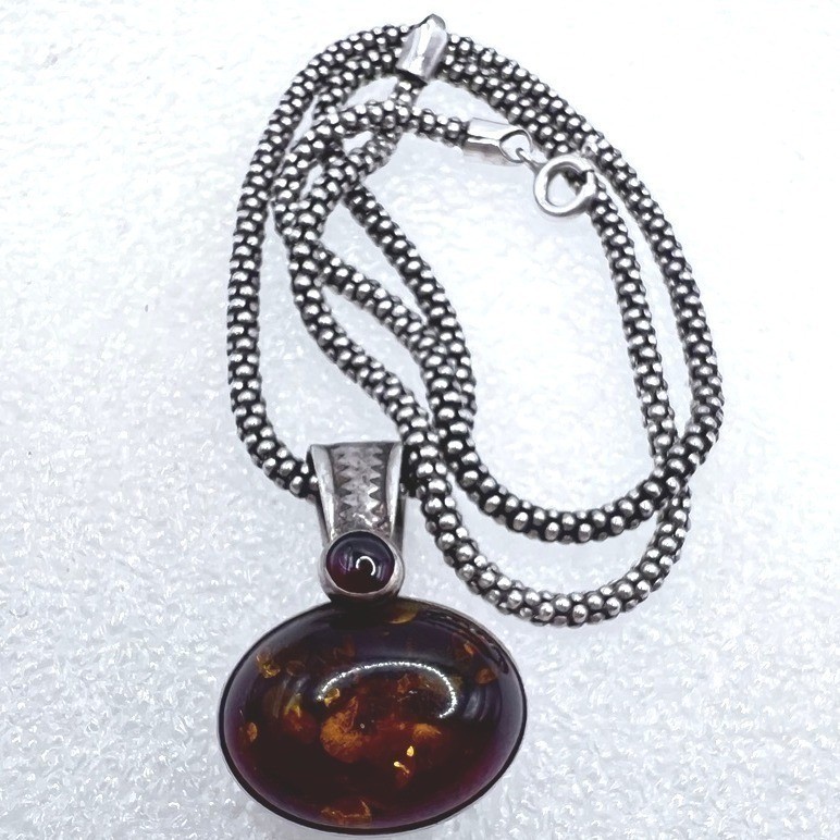 Sterling Silver Baltic Amber Necklace Antiqued Popcorn Chain 16″ 12g Signed
