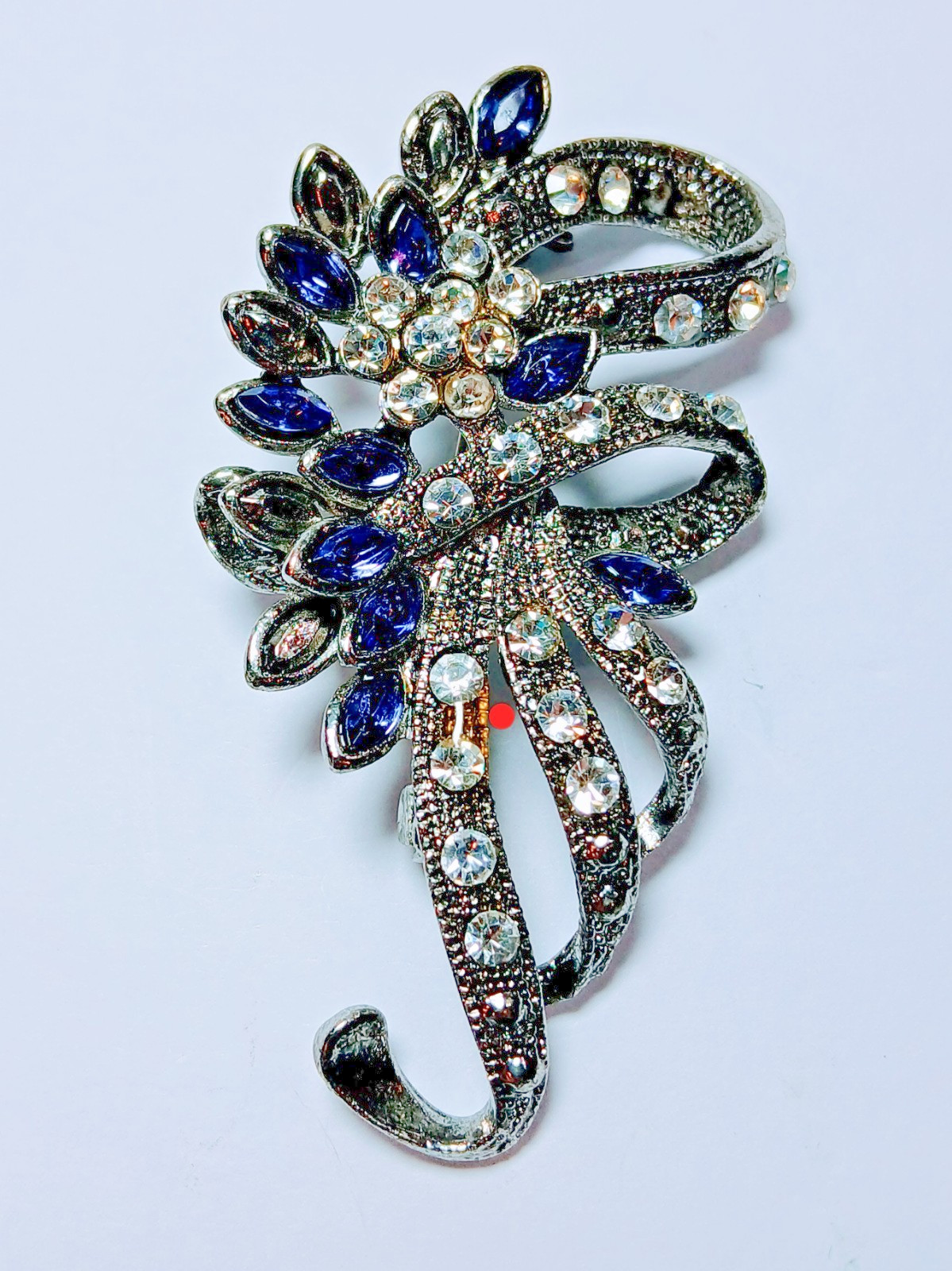 Vintage Floral Ribbon Brooch Pot Metal Pin Rhinestone Violet Blue Silver Tone