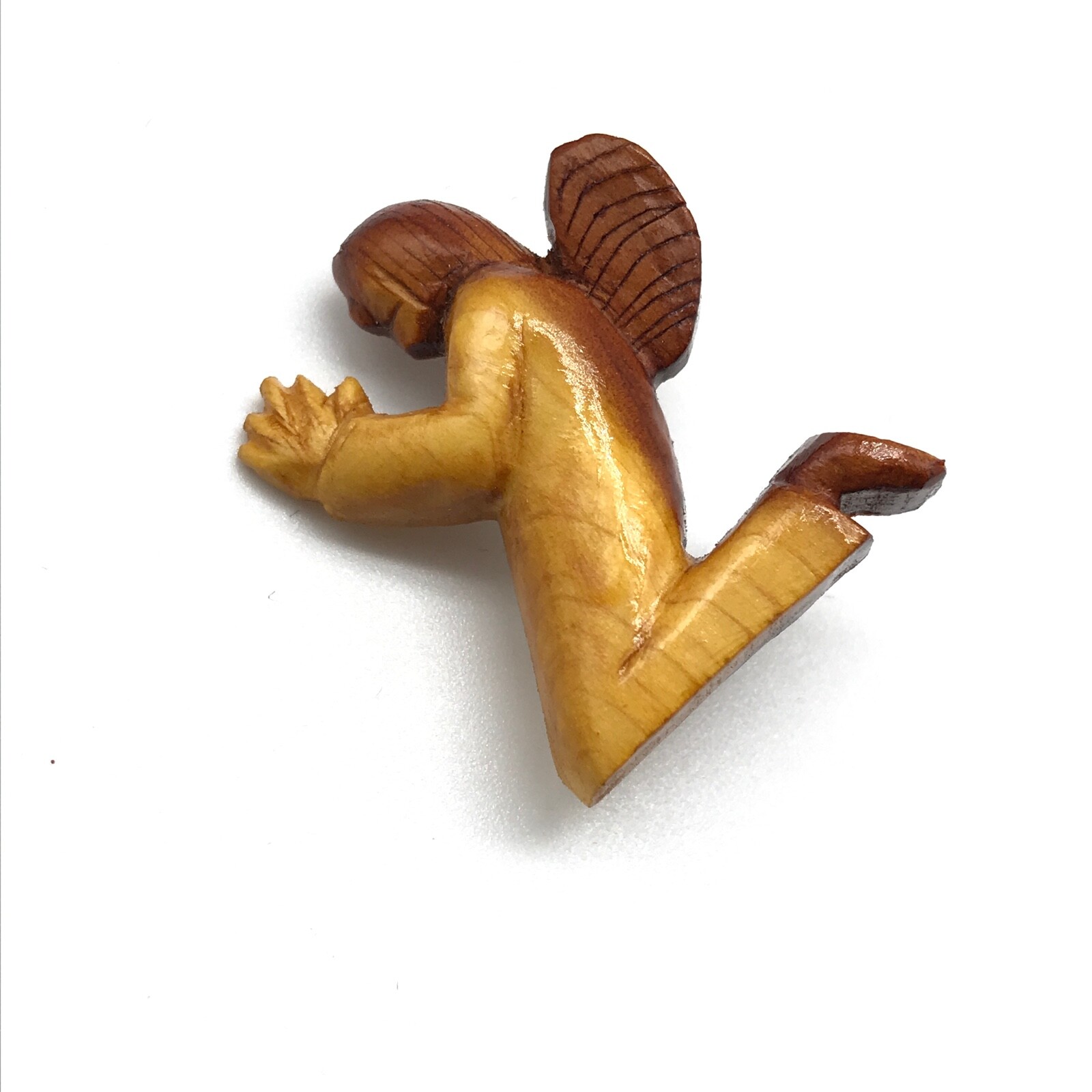 Vintage Carved Wooden Praying Angel Person Brooch Pin