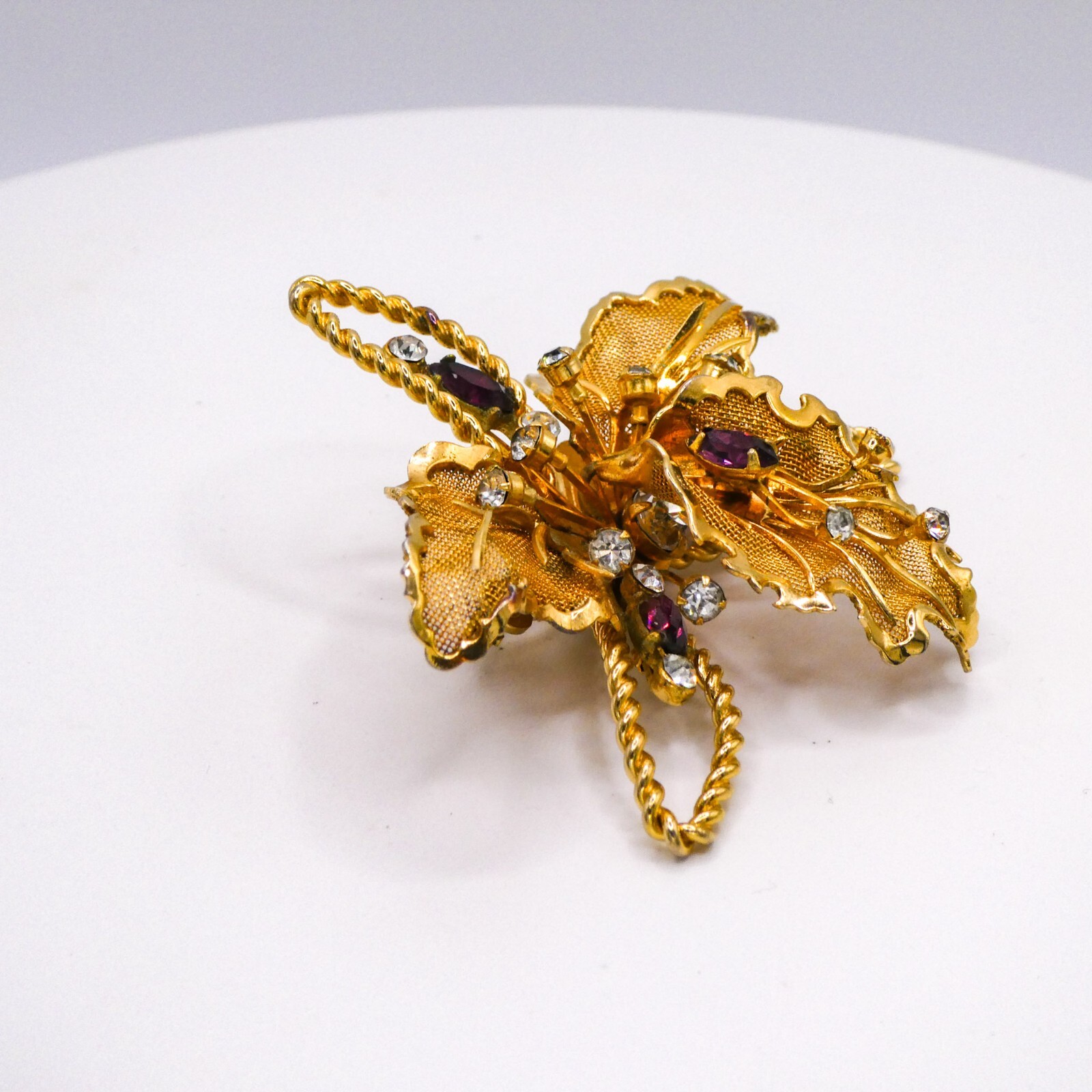 Purple Rhinestone Orchid Figural Brooch Pin Mesh Rhinestone Vintage Large 2.5″