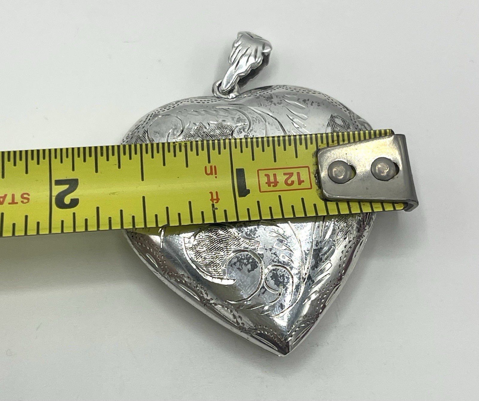 Vintage 925 Large Puff Ornate Etched Hollow Heart Locket Pendant Sterling Silver