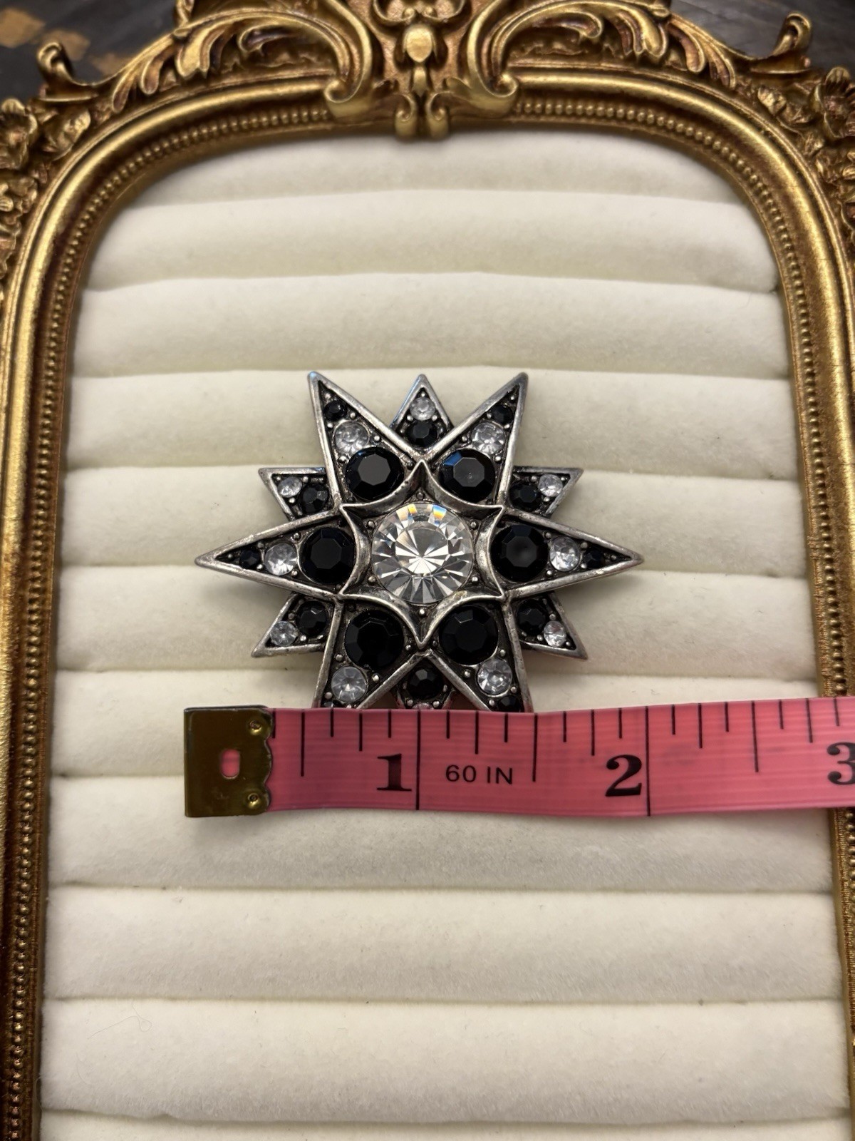 Vintage Silver Tone Starburst Brooch Pin Black Clear Rhinestones Victorian Goth