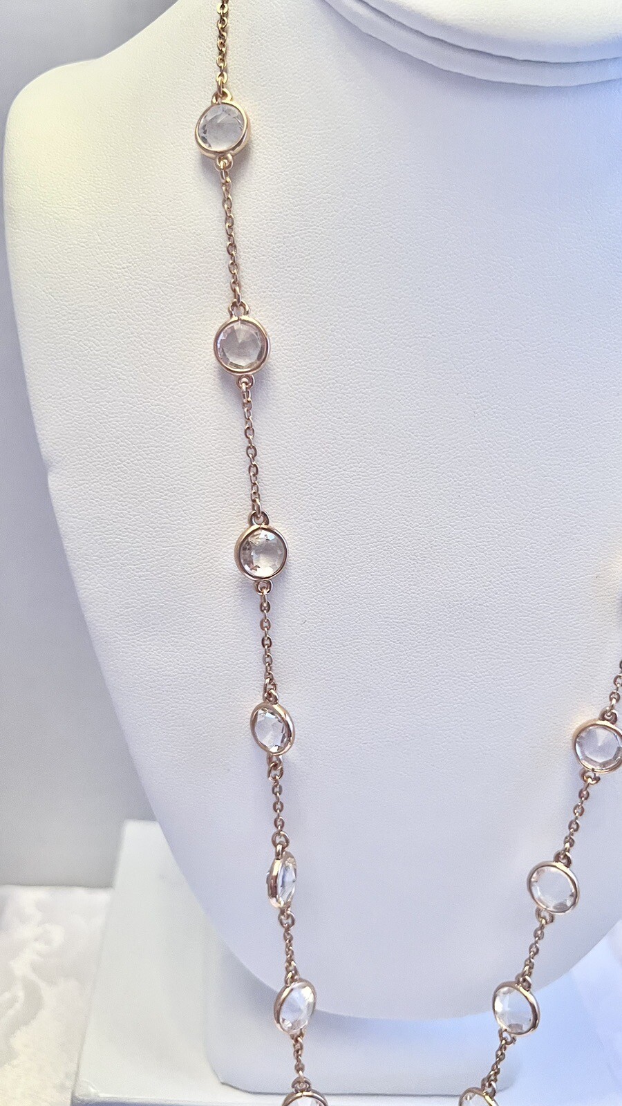 Vintage Henri Bendel Rose Gold Tone Glass Tassel Necklace 32 Inches Rhinestones