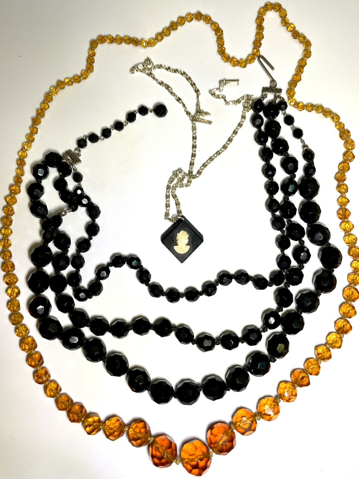 Necklaces- Czech Amber & Jet Glass Austrian & Rhodium W/ Bakelite Cameo Germany