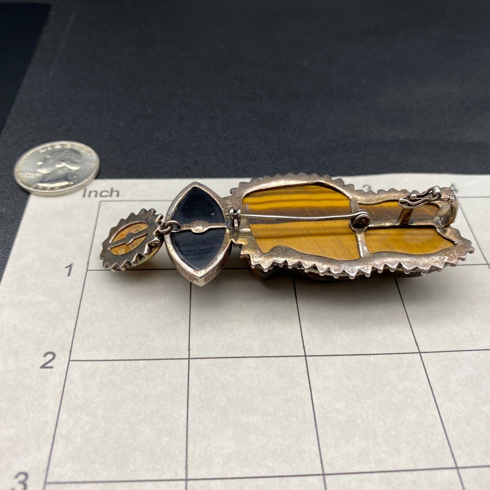 Huge AKR Amy Kahn Russell Cat Tiger Eye Sterling Silver Pendant Pin Brooch