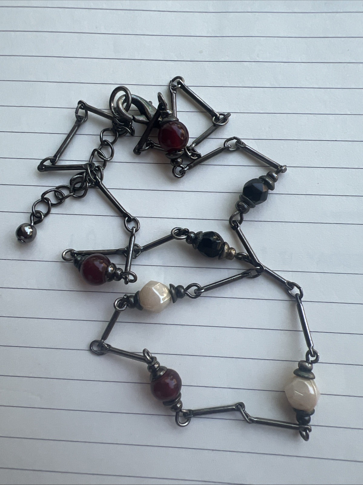 Designer Fringe Necklace Gun Metal Silver Tone Red White Black Glass Beads Chain