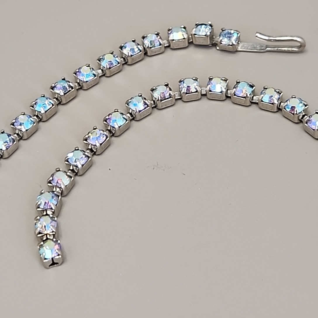 Vintage Aurora Borealis Rhinestones Necklace Blue Festoon Collar 14.5″