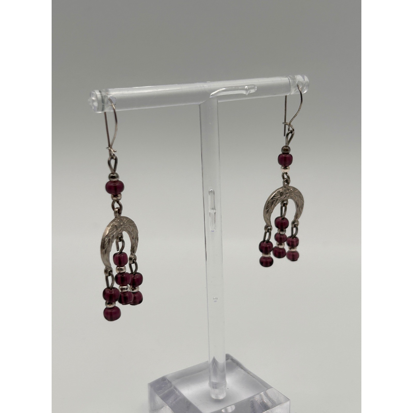Vintage Silver Tone Purple Beaded Chandelier Dangle Drop Earrings Boho
