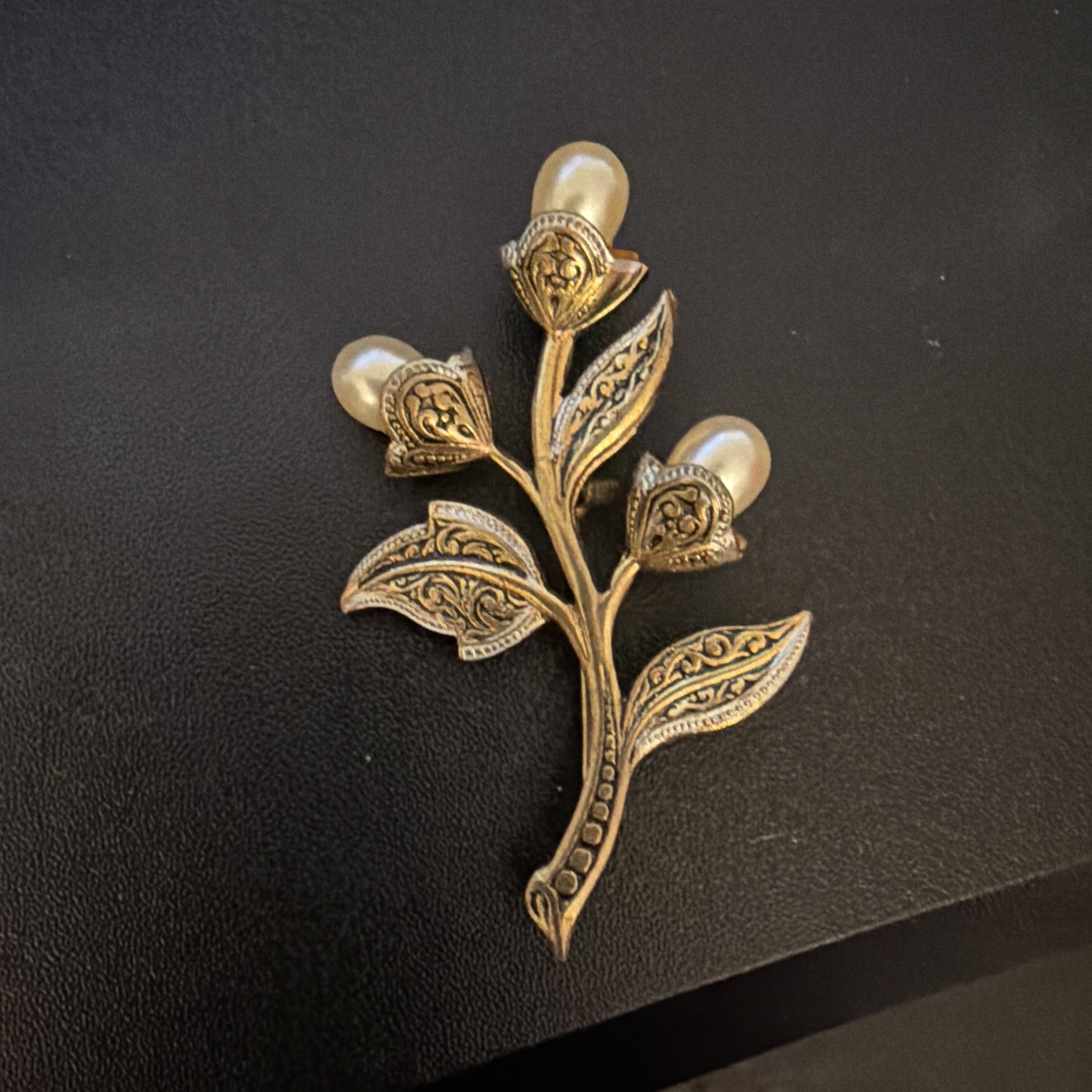 Damascene Brooch Faux Pearl Flower Bouquet Floral Vintage Spanish Estate Pin