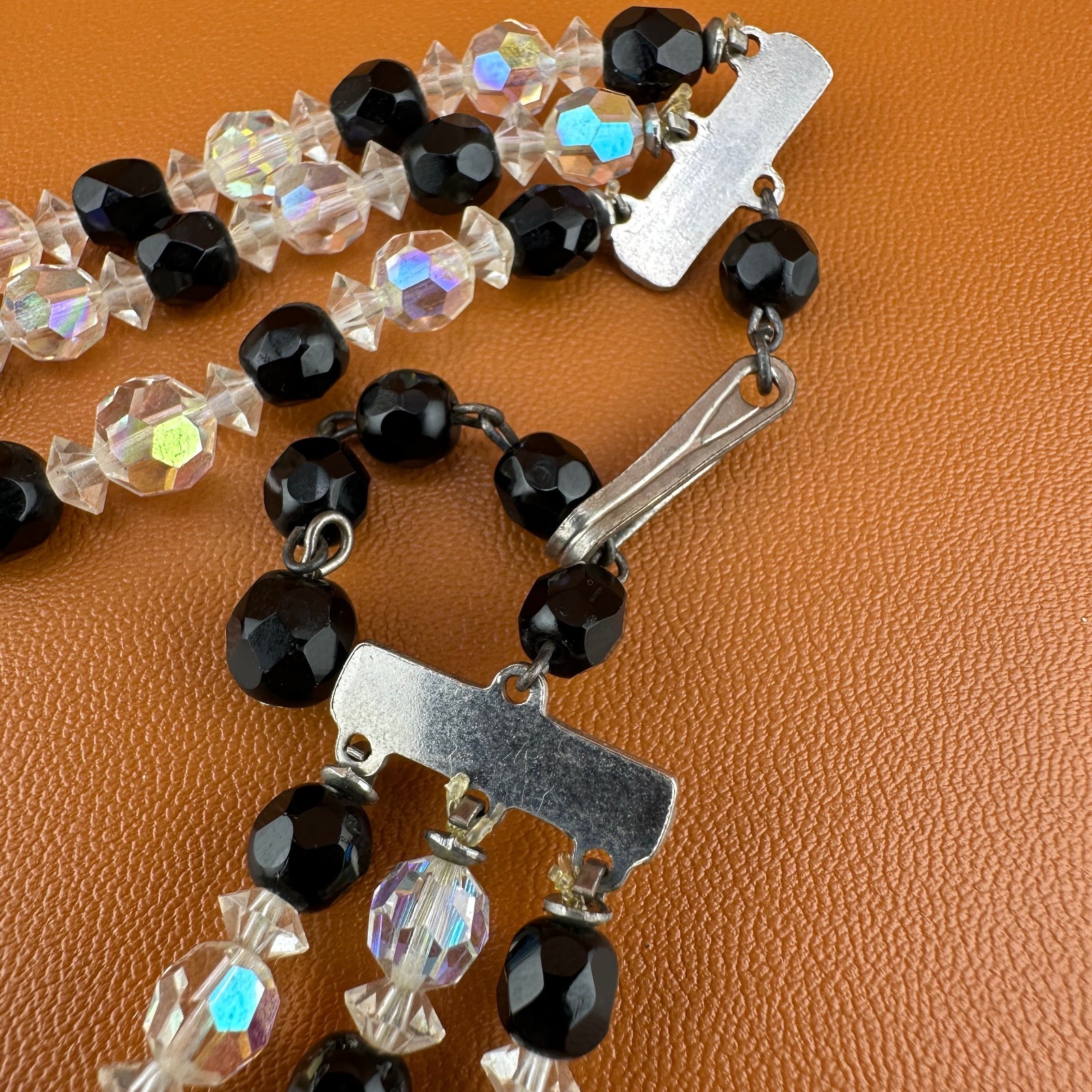 Vintage AB Crystal Bead Necklace Earrings Set Triple Strand Black & Clear 15″