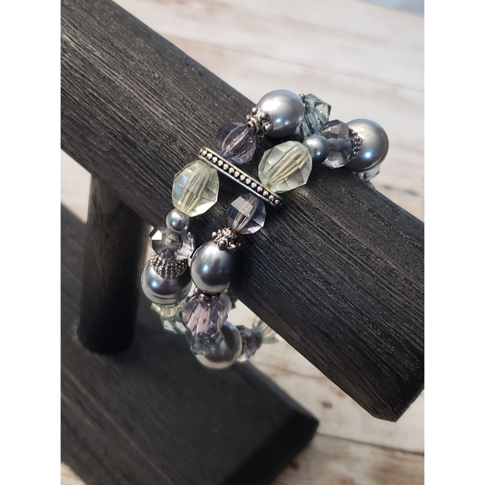 Vintage Stretch Bracelet / Bangle – Double Row Silvery Blue Tones