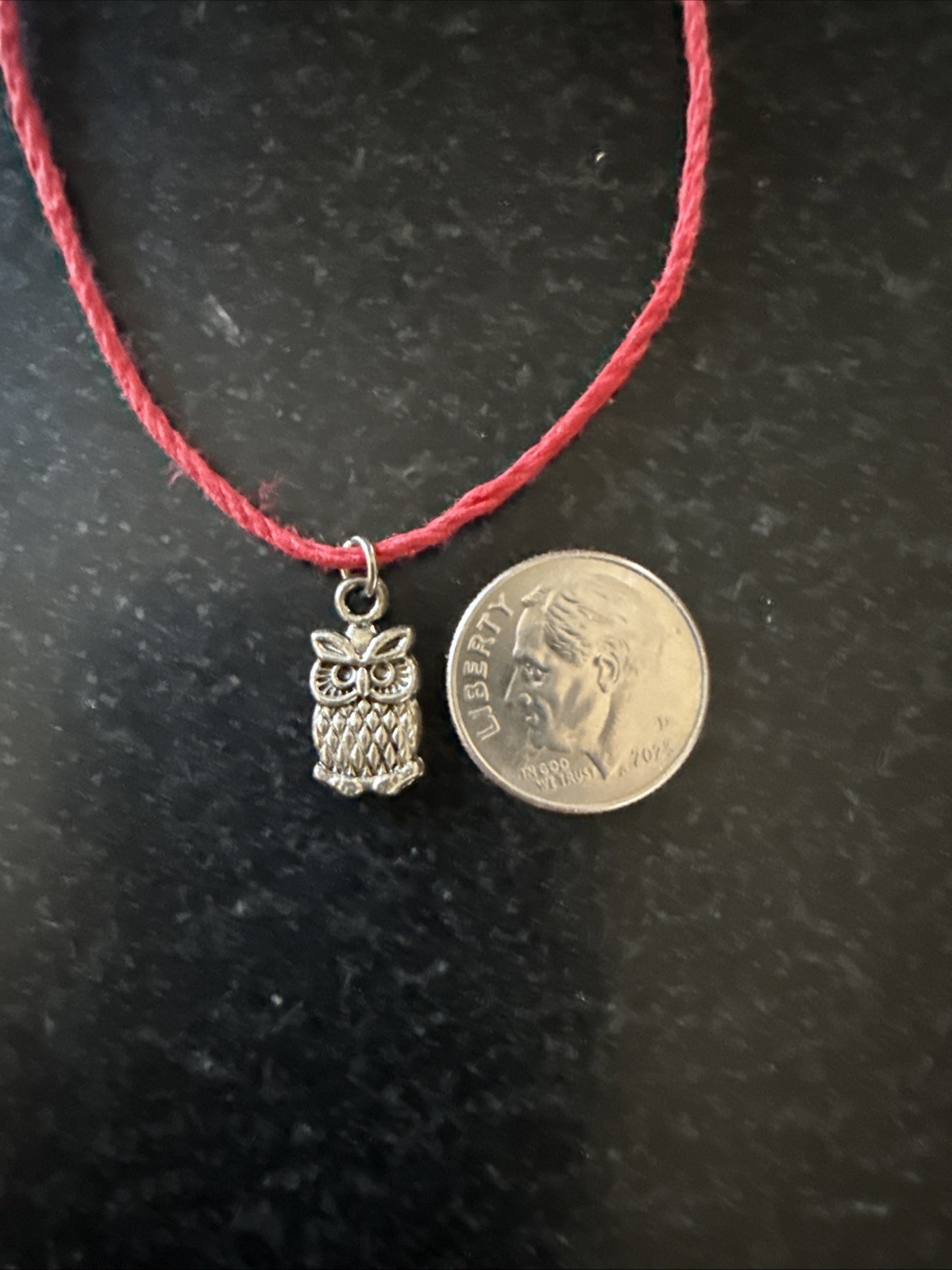 tiny OWL CHARM Dainty Necklace Hemp Cord Boho Festival Tibetan Silver Tone GIFT