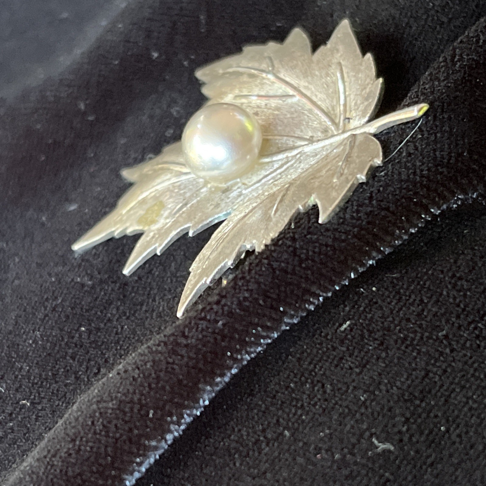 Mikimoto Sterling Silver Leaf And Pearl Brooch