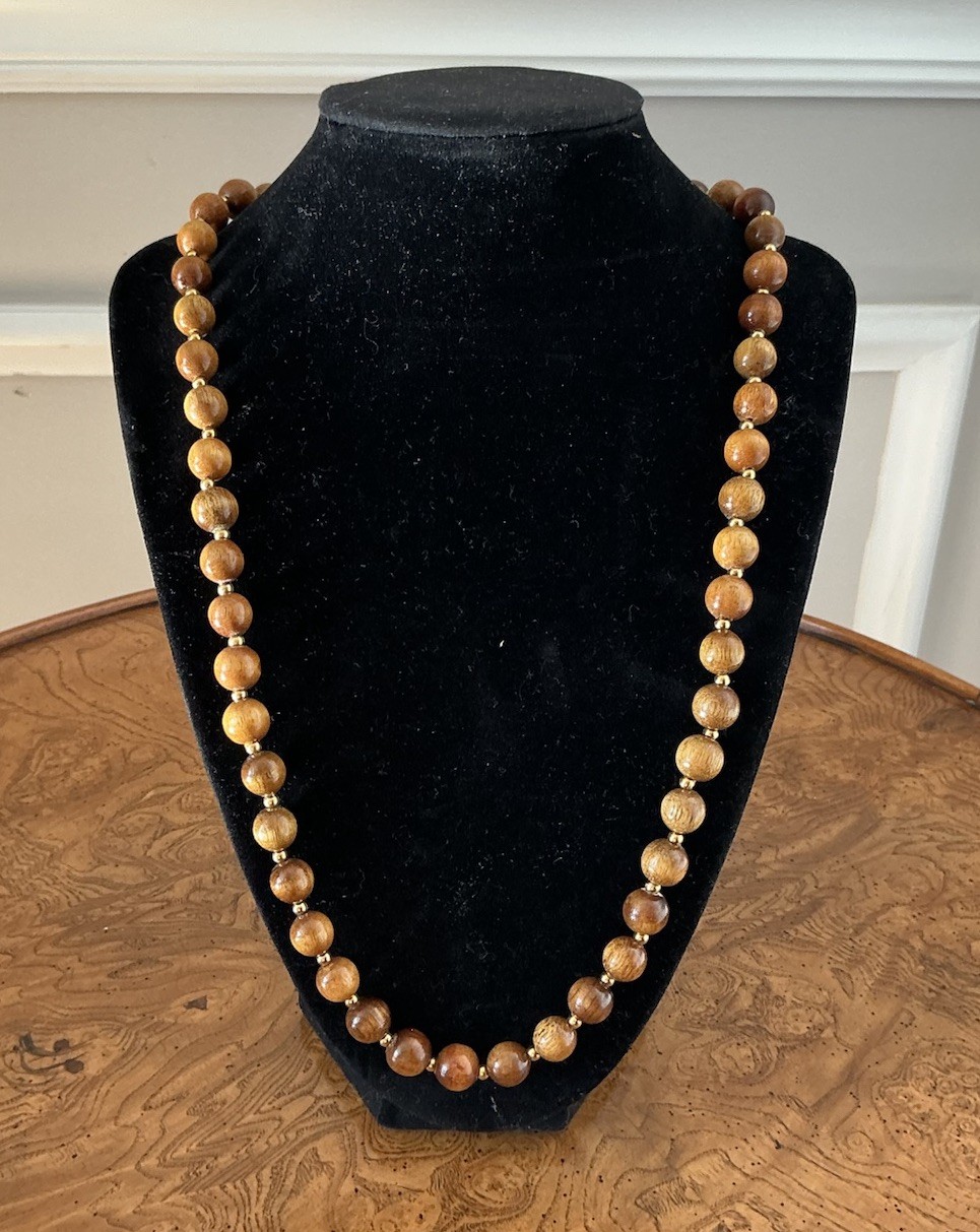Vintage Wood And Gold Tone Beaded Necklace Fish Hook Clasp 23”