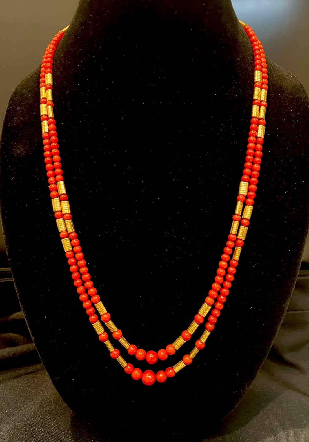 Red Coral Ox Blood Round Pearl Beads Necklace 14K Gold Clasp 2-Strands 26” 44.9g