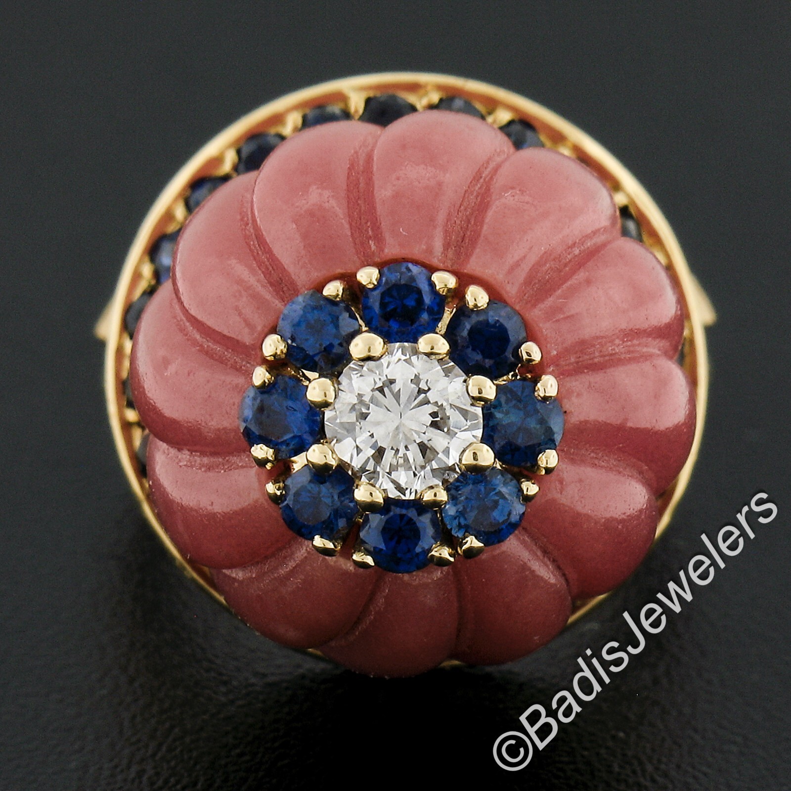 Gold Carved Rose Quartz 1.52ctw Sapphire & Diamond Flower High Profile Ring